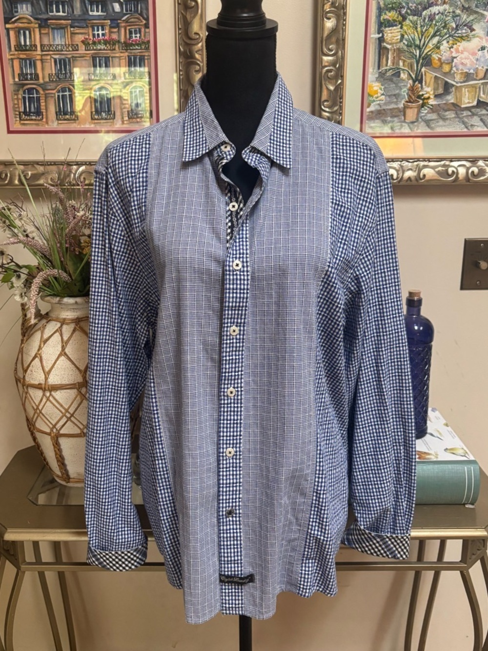 English Laundry Blue Checked Floral Long-Sleeve Button-Down Shirt Size XL